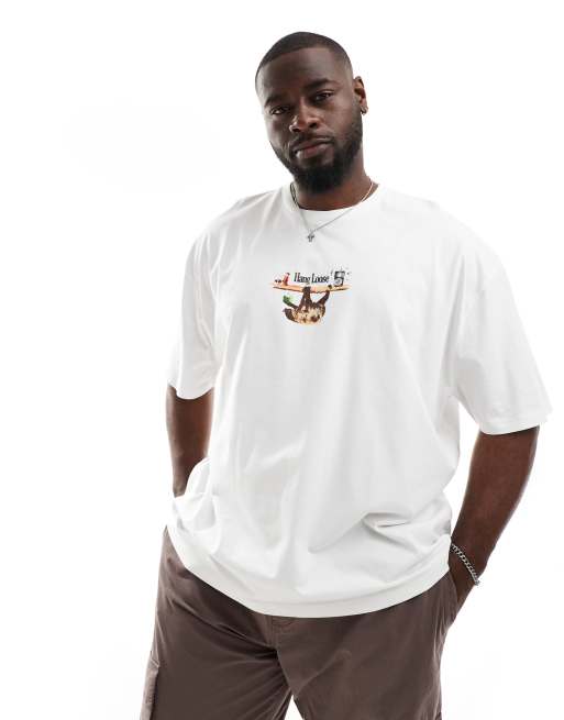 ASOS DESIGN - T-shirt oversize avec imprimé paresseux sur le devant - Blanc
