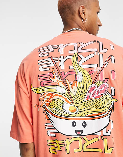 ASOS DESIGN - T-shirt oversize avec imprimé ramen façon dessin animé au dos - Corail