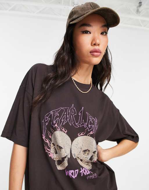 ASOS DESIGN - T-shirt oversize avec imprimé thermocollé Fearless World Tour - Marron, 4 de 4