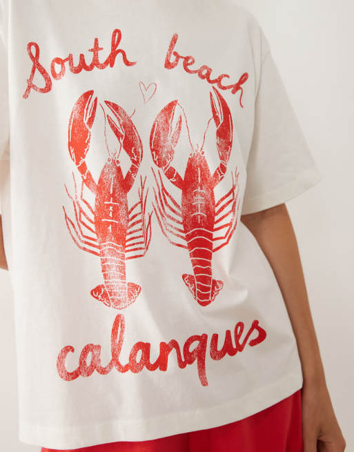 ASOS DESIGN t-shirt oversize avec motif homard South Beach en crème, 3 de 4