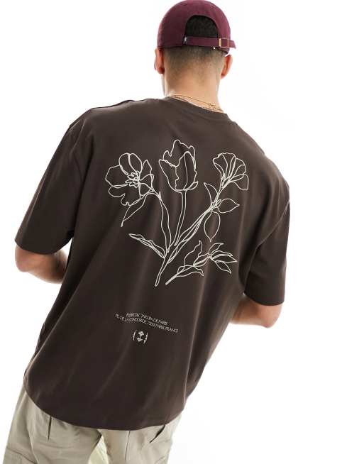 ASOS DESIGN - T-shirt oversize avec motifs fleurs linéaires dans le dos - Marron foncé