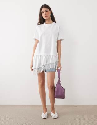 T-shirt oversize avec ourlet asymétrique en satin et dentelle - Blanc M