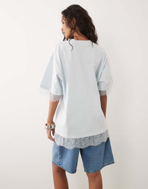 ASOS DESIGN - T-shirt oversize avec ourlet en dentelle - Bleu clair, 3 de 4