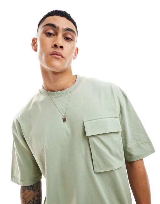 ASOS DESIGN - T-shirt oversize avec poche devant - Vert délavé