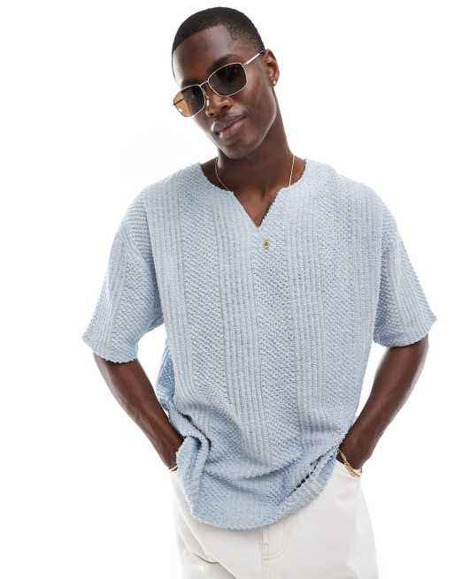 ASOS DESIGN - T-shirt oversize azzurro testurizzato con intaglio sullo scollo