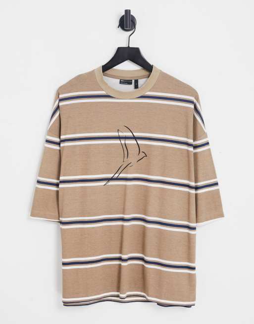 ASOS DESIGN - T-shirt oversize beige a righe con stampa tratteggiata di uccello