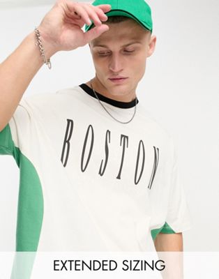 ASOS DESIGN oversized t-shirt in beige with green colour block panels & Boston print - ASOS Price Checker