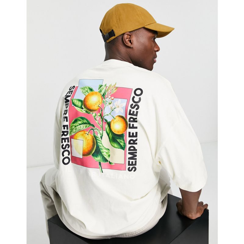 Novità NS2a1 DESIGN - T-shirt oversize beige con stampa fotografica di frutta sulla schiena