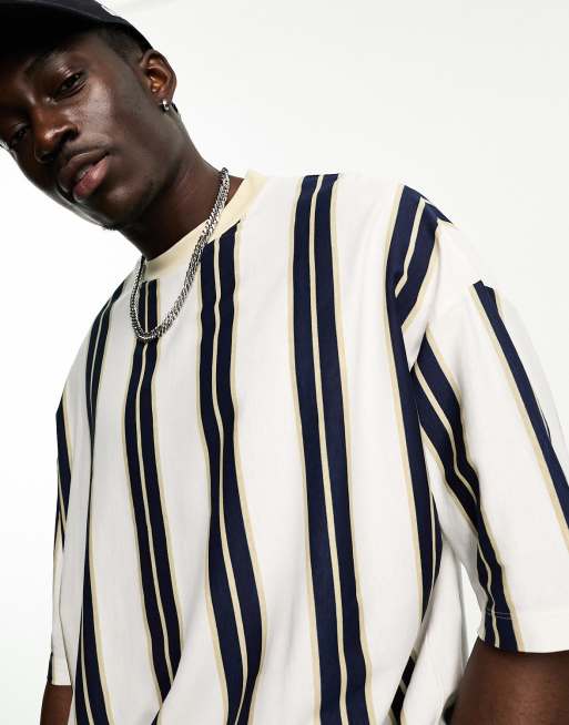ASOS DESIGN - T-shirt oversize beige e bianca a righe verticali, 3 di 4