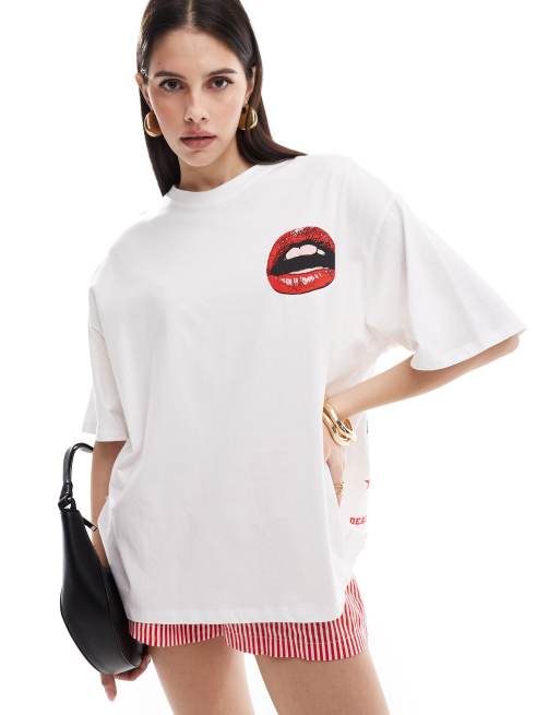 ASOS DESIGN - T-shirt oversize bianca con grafica di band rock e labbra, 2 di 4