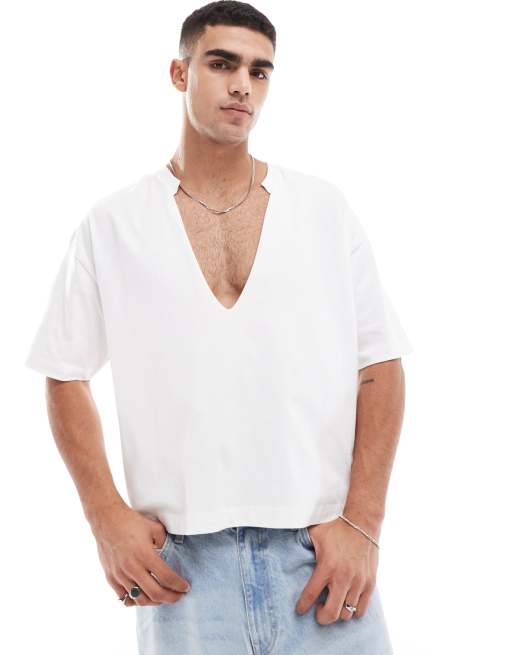 ASOS DESIGN - T-shirt oversize bianca con scollo a V 