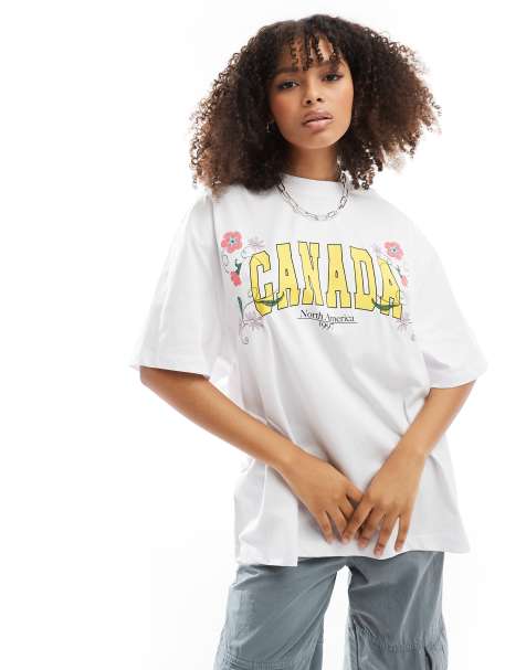 ASOS DESIGN - T-shirt oversize bianca con scritta “Canada” e fiori ricamati - view 1