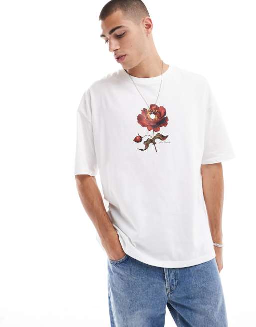 ASOS DESIGN - T-shirt oversize bianca con stampa di rosa sul petto, 3 di 4