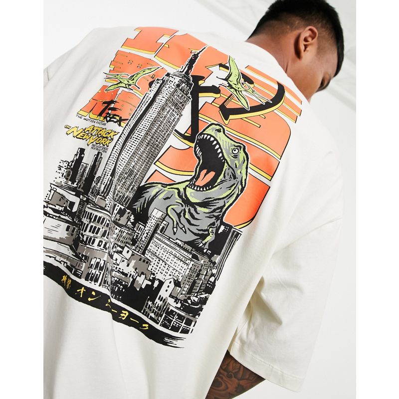Uomo u27rl DESIGN - T-shirt oversize bianco sporco con stampa di dinosauro anime sul retro