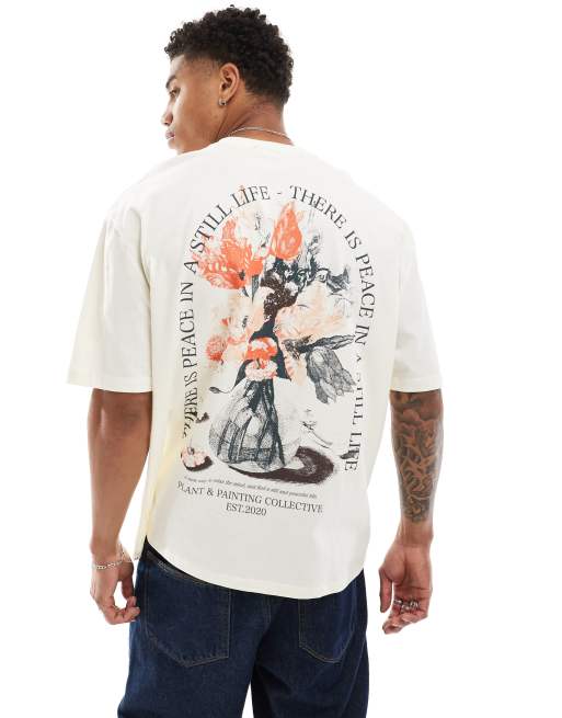ASOS DESIGN - T-shirt oversize bianco sporco con stampa di fiori sul retro
