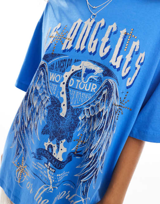 ASOS DESIGN - T-shirt oversize blu con stampa indie "Los Angeles" con borchie, 3 di 4