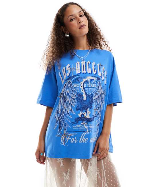 ASOS DESIGN - T-shirt oversize blu con stampa indie "Los Angeles" con borchie, 4 di 4