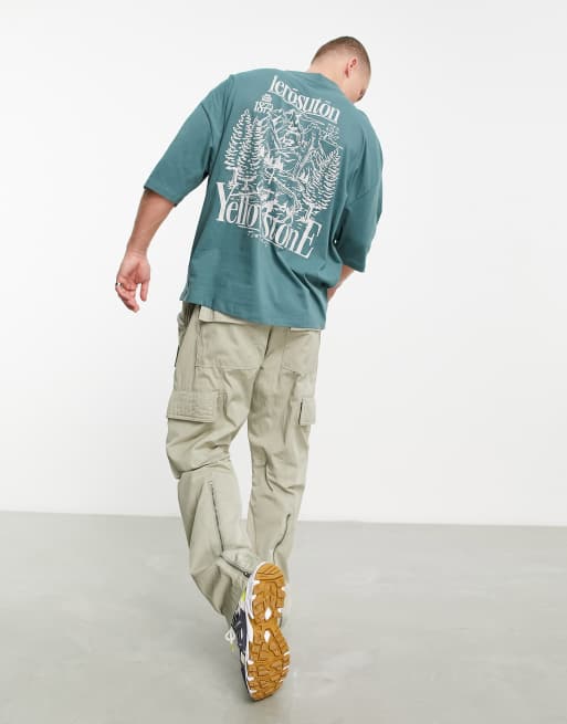 ASOS DESIGN - T-shirt oversize blu grigio con stampa di paesaggio di Yellowstone sul retro