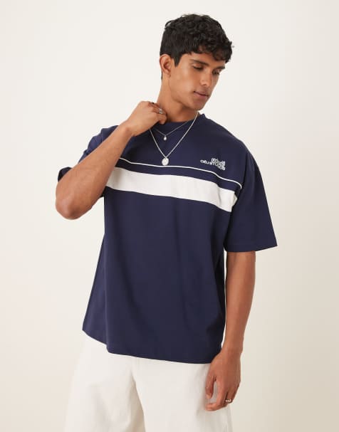 ASOS DESIGN - T-shirt oversize blu navy con pannello a contrasto sul petto - view 1