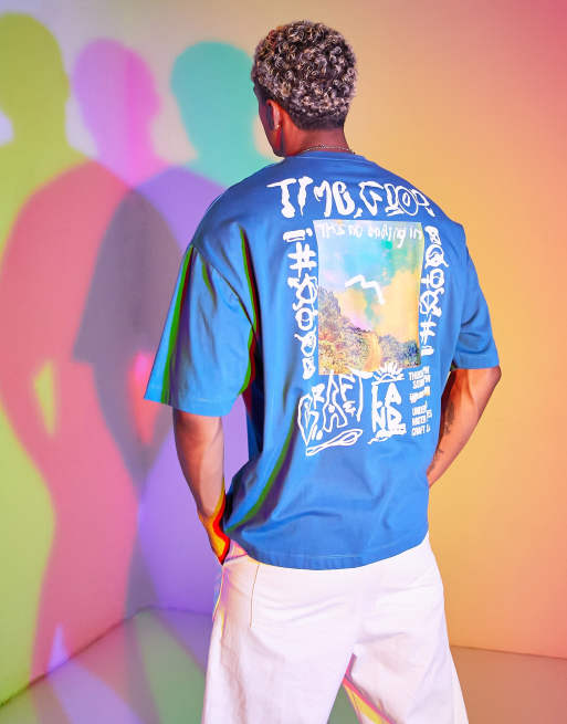 ASOS DESIGN - T-shirt oversize blu navy con stampa sul retro di montagna e graffiti