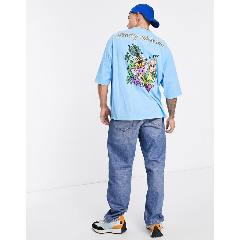 Uomo T-shirt e Canotte DESIGN - T-shirt oversize blu slavato con stampa di frutta sul retro