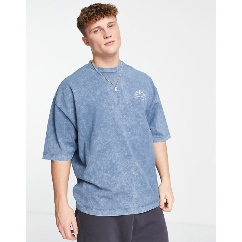 Uomo T-shirt e Canotte DESIGN - T-shirt oversize blu slavato con stampa di montagna sul petto