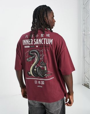 ASOS DESIGN oversized t-shirt in burgundy with snake back print - ASOS Price Checker