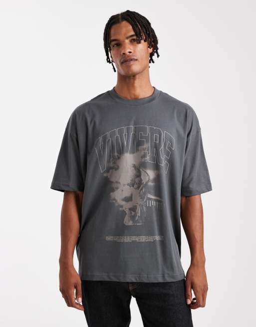 ASOS DESIGN - T-shirt oversize color antracite con stampa rinascimentale