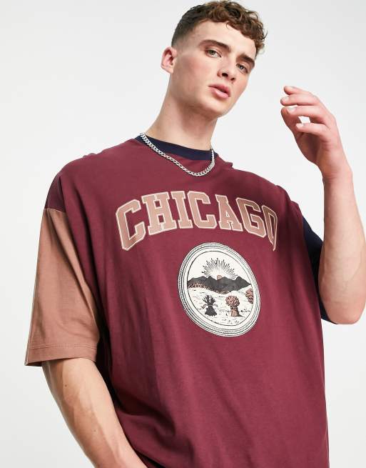 ASOS DESIGN - T-shirt oversize color block avec imprimé Chicago - Bordeaux 