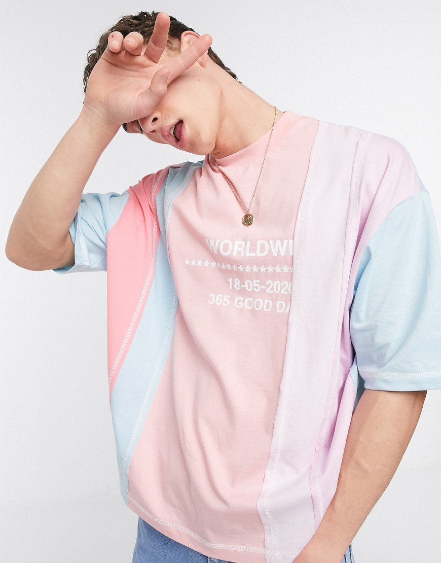 ASOS DESIGN - T-shirt oversize color block con spacchi e ricamo pastello-Rosa