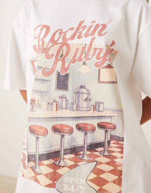 ASOS DESIGN - T-shirt oversize color crema con grafica American Diner, 3 di 4