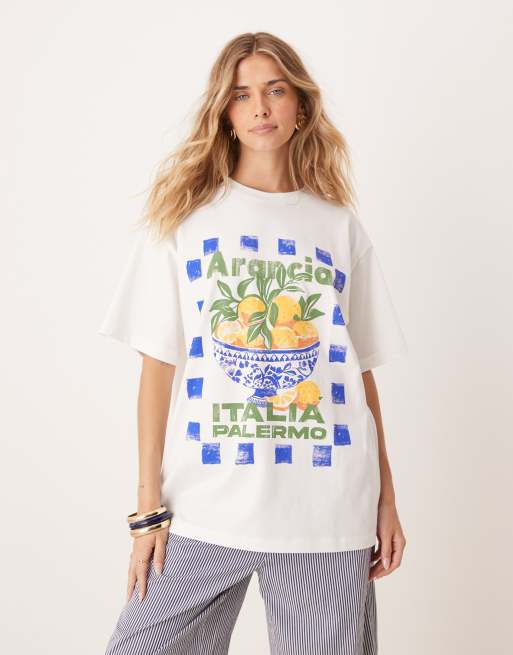 ASOS DESIGN - T-shirt oversize color crema con grafica di arance
