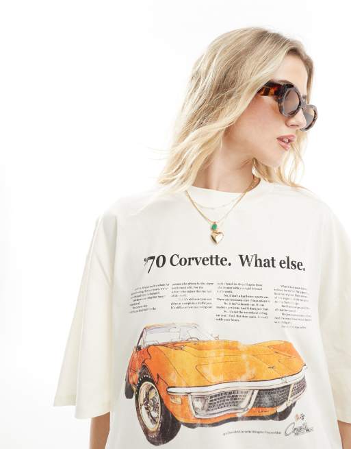 ASOS DESIGN - T-shirt oversize color crema con grafica di automobile Corvette su licenza