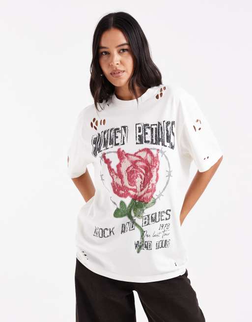 ASOS DESIGN - T-shirt oversize color crema con grafica di rosa