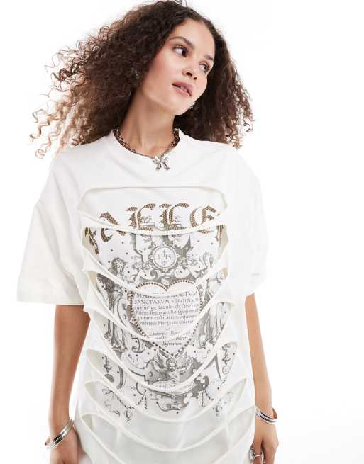 ASOS DESIGN - T-shirt oversize color crema con grafica rock effetto intaglio con applicazioni a caldo