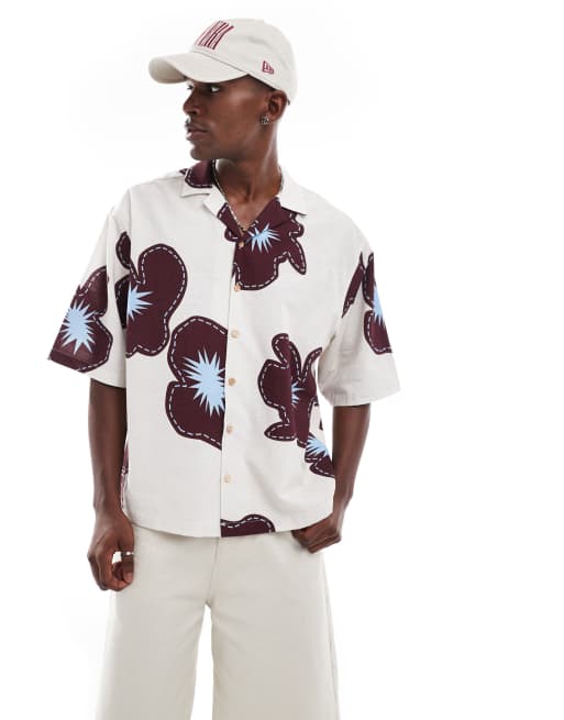 ASOS DESIGN - T-shirt oversize color crema con stampa di fiori e mezze maniche