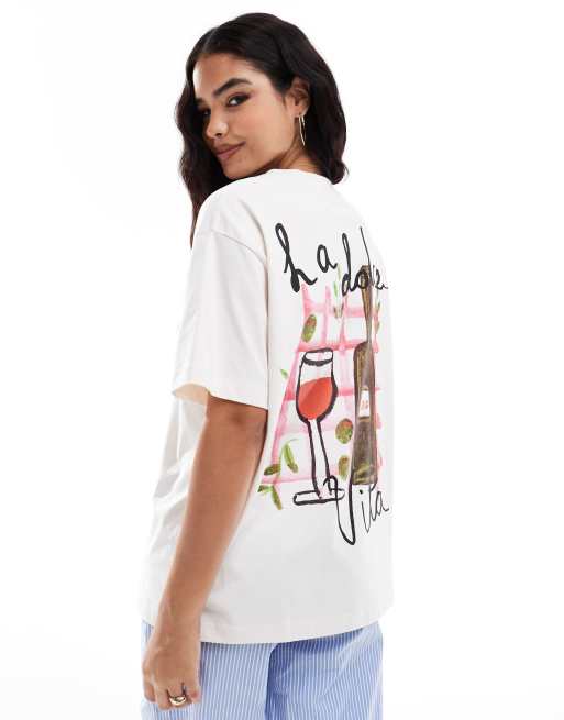 ASOS DESIGN - T-shirt oversize color crema con stampa di vino sul retro