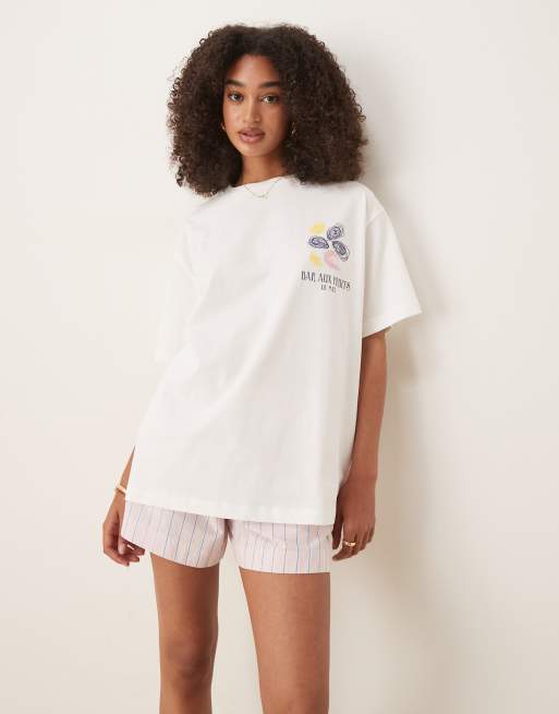 ASOS DESIGN - T-shirt oversize color crema con stampa grafica di frutti di mare