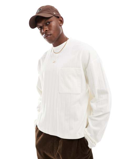 ASOS DESIGN - T-shirt oversize color crema squadrata a maniche lunghe con tasca frontale - view 1