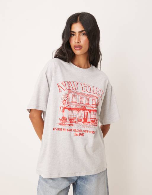 ASOS DESIGN - T-shirt oversize color ghiaccio mélange con stampa “New York Village”