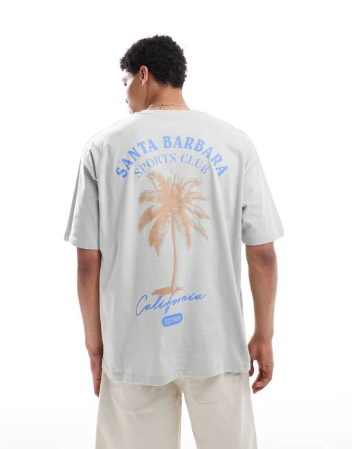 ASOS DESIGN - T-shirt oversize color grigio chiaro con grafica di palme ispirata all'estate