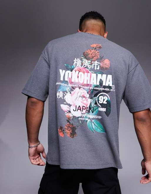 ASOS DESIGN - T-shirt oversize color grigio piqué con stampa di fiori