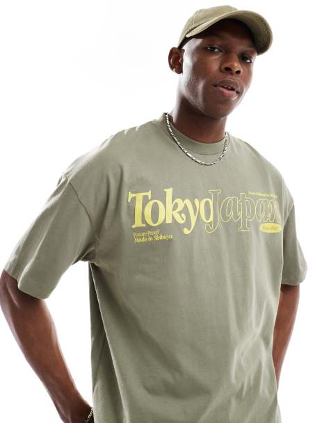 ASOS DESIGN - T-shirt oversize color kaki chiaro con grafica di città sul davanti - view 1
