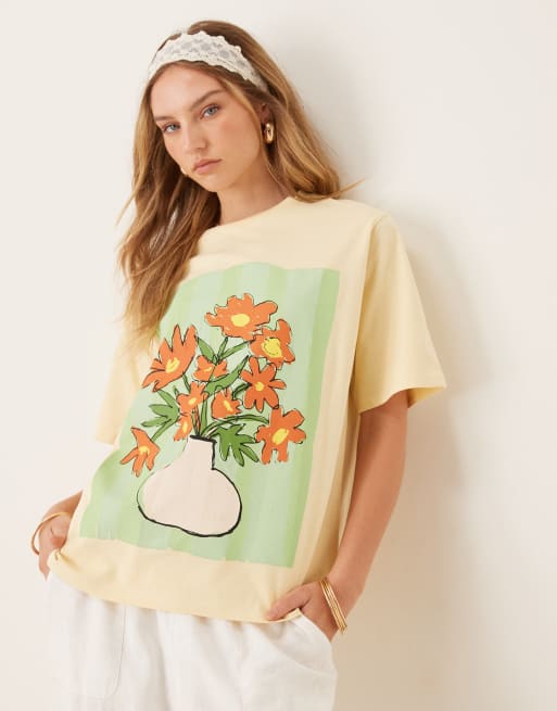 ASOS DESIGN - T-shirt oversize color latticello con grafica con vaso di fiori