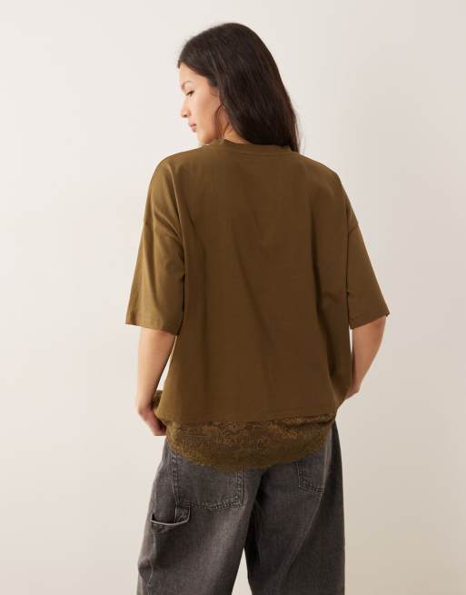 ASOS DESIGN - T-shirt oversize color oliva con finiture in pizzo, 3 di 4