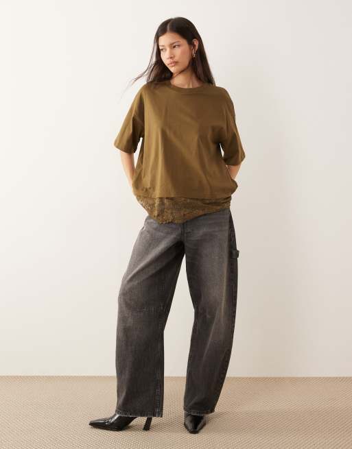 ASOS DESIGN - T-shirt oversize color oliva con finiture in pizzo, 4 di 4