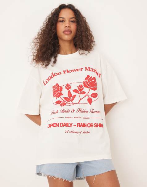 ASOS DESIGN - T-shirt oversize color panna con grafica "Flower Market" - view 1