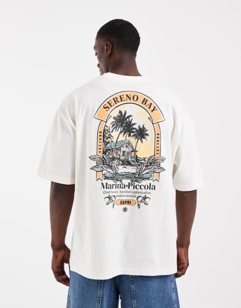 ASOS DESIGN - T-shirt oversize color panna con stampa di paesaggio marino sul retro - view 1