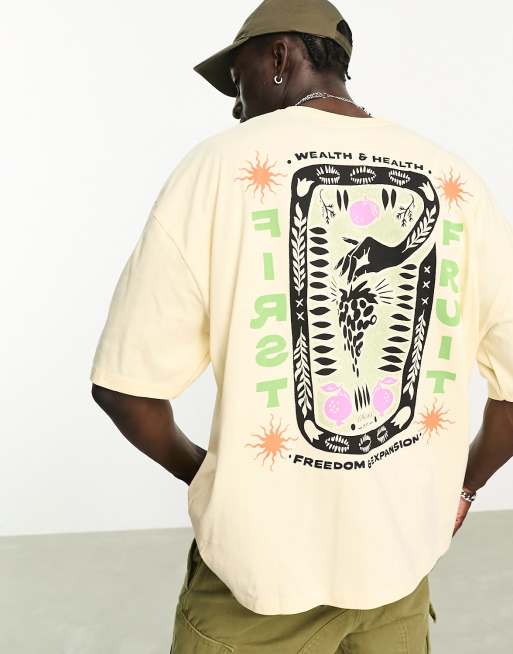 ASOS DESIGN - T-shirt oversize color pietra con stampa di frutta sulla schiena, 3 di 4