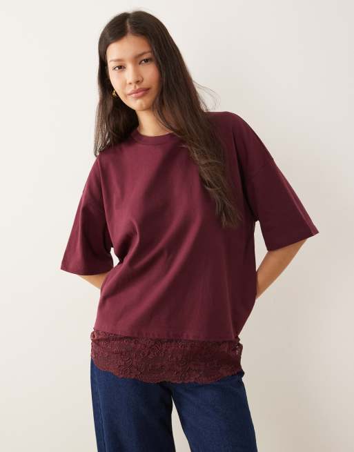 ASOS DESIGN - T-shirt oversize color prugna con finiture in pizzo